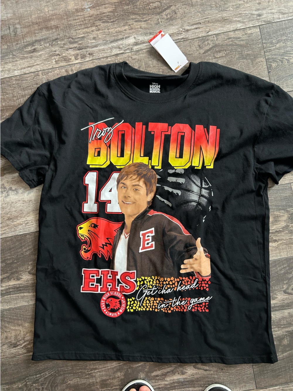 Disney Troy Bolton Black Crewneck T-Shirt with Red and Yellow Graphic